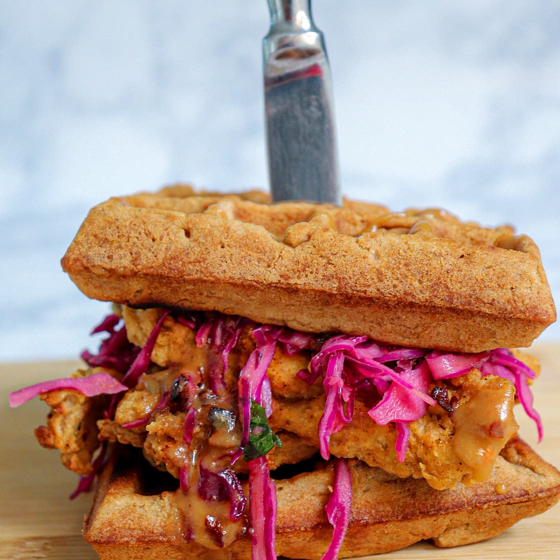 Vegan "Chicken" N Waffle Sandwich (gluten free, air fried)