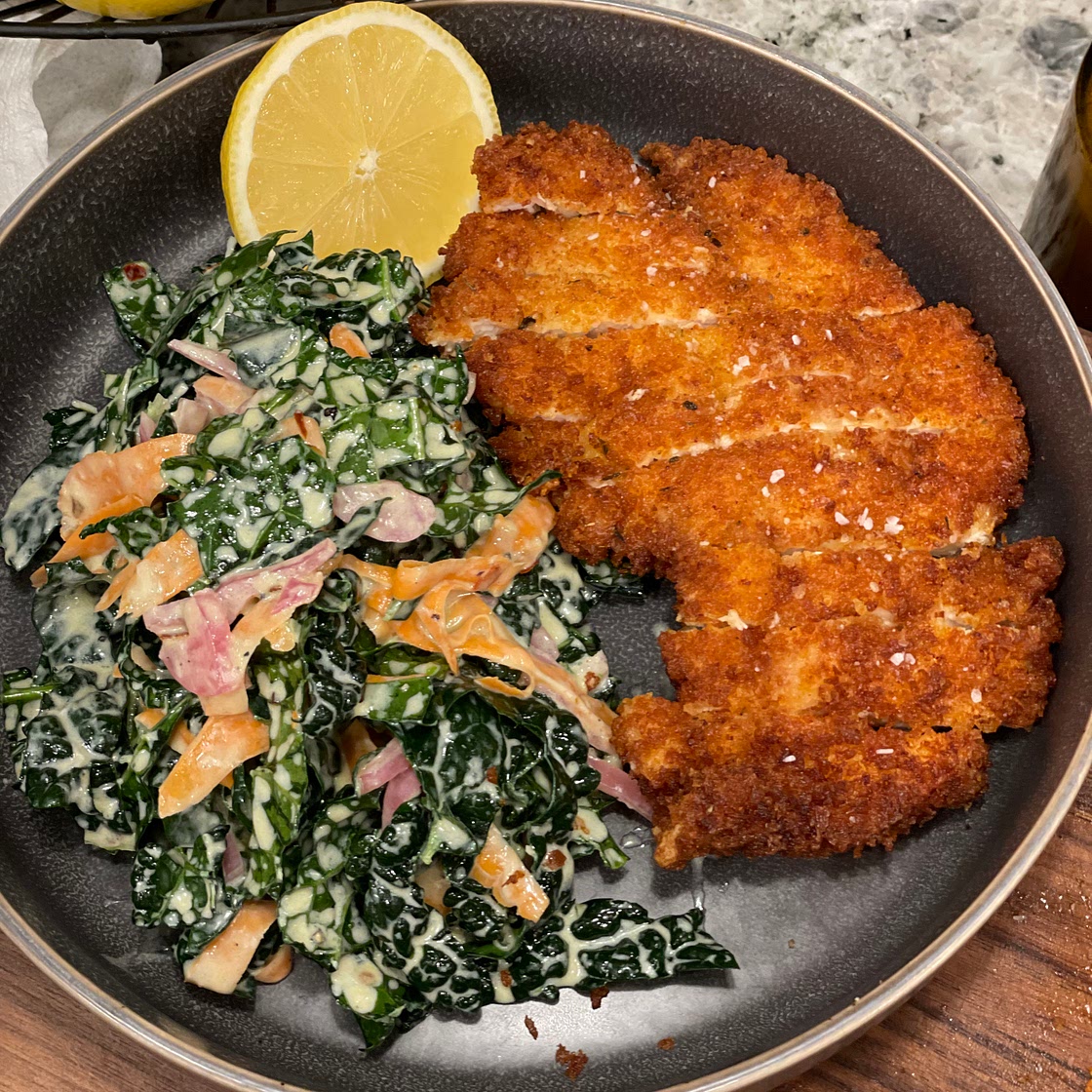 Crispy Chicken Cutlet w Kale Salad