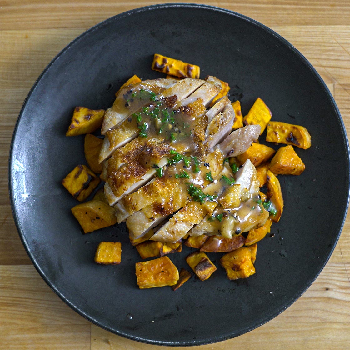 Crispy Chicken Thighs with Roasted Sweet Potatoes — Ethan