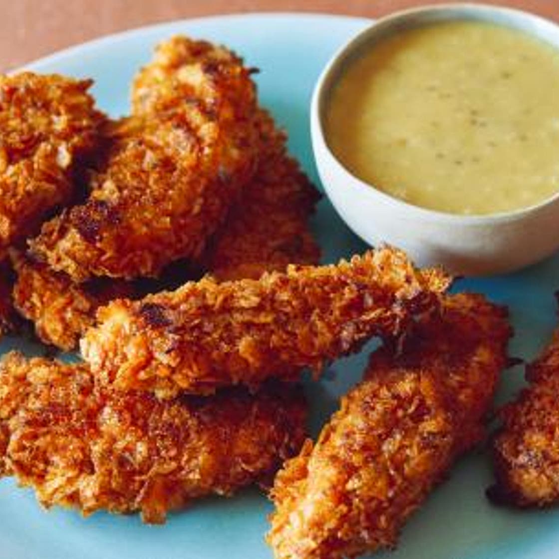 Potato Chip-Crusted Chicken Strips with Honey Mustard Dipping Sauce
