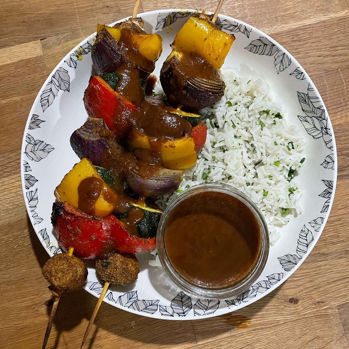 Roasted Veg Satay Skewers With Coriander Rice