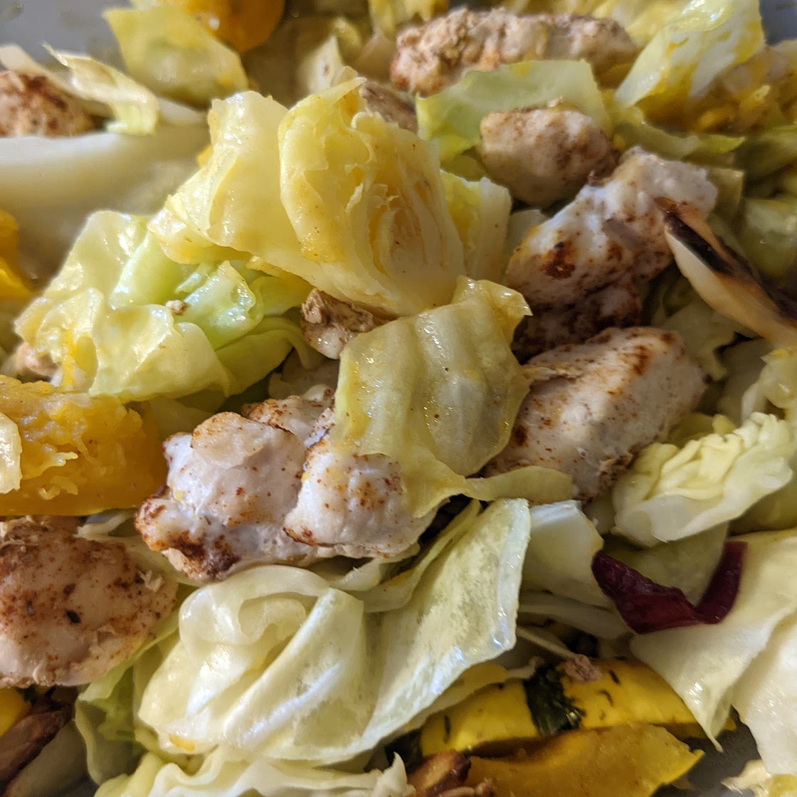 Delicata squash with chicken and cabbage