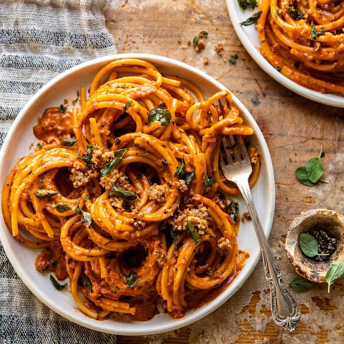 Roasted Red Pepper Alla Vodka Pasta with Cheesy Oregano Breadcrumbs