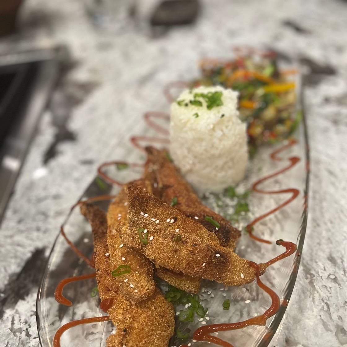 Pacific Rim Stir fry with sesame battered catfish