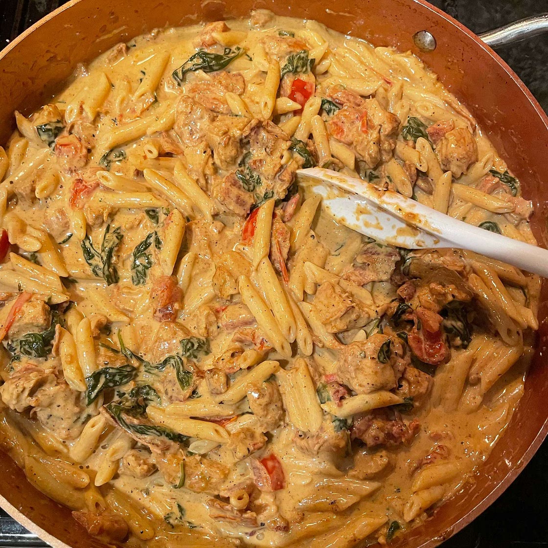 Chicken and Bacon Pasta with Spinach and Tomatoes in Garlic Cream Sauce
