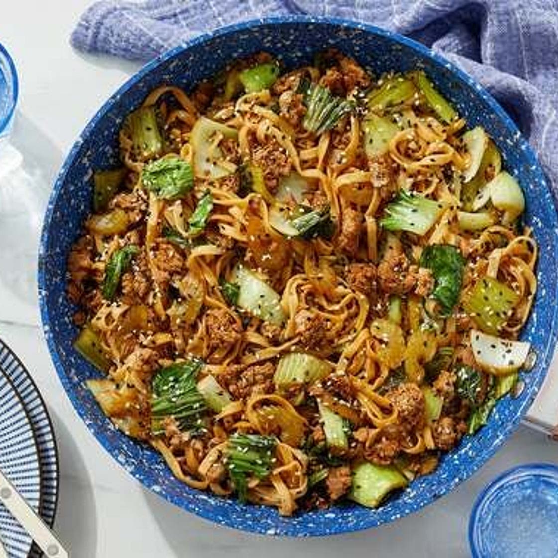 Pork & Wonton Noodles with Vegetables & Sesame Seeds
