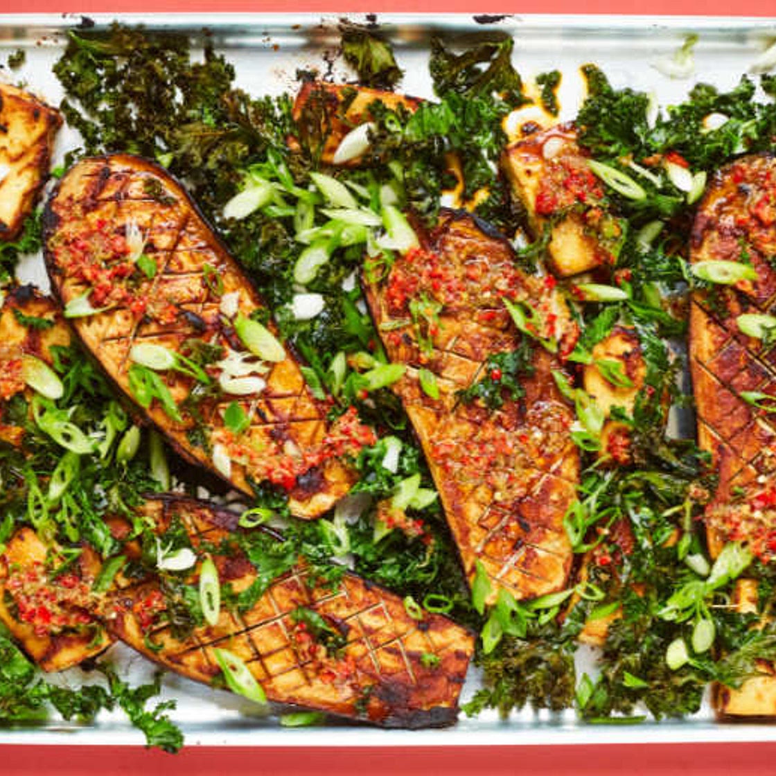 Miso aubergines with tofu, sesame and chilli