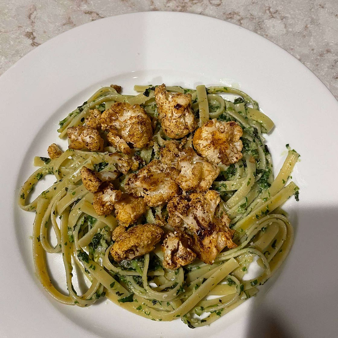 Crispy Roasted Cauliflower with Creamy Pesto Pasta