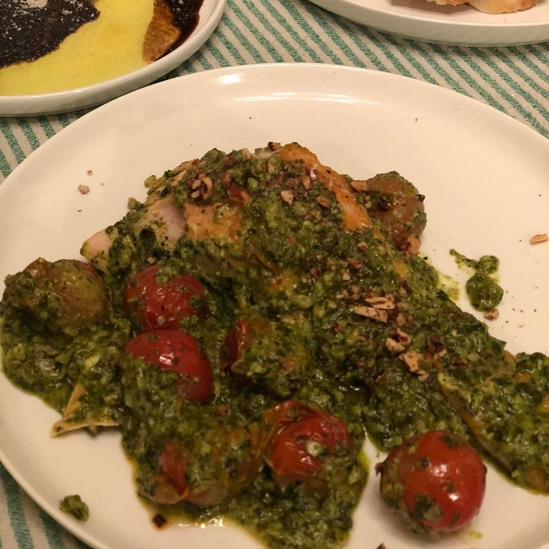 Creamy Pesto Salmon with Roasted Tomatoes and Pecans