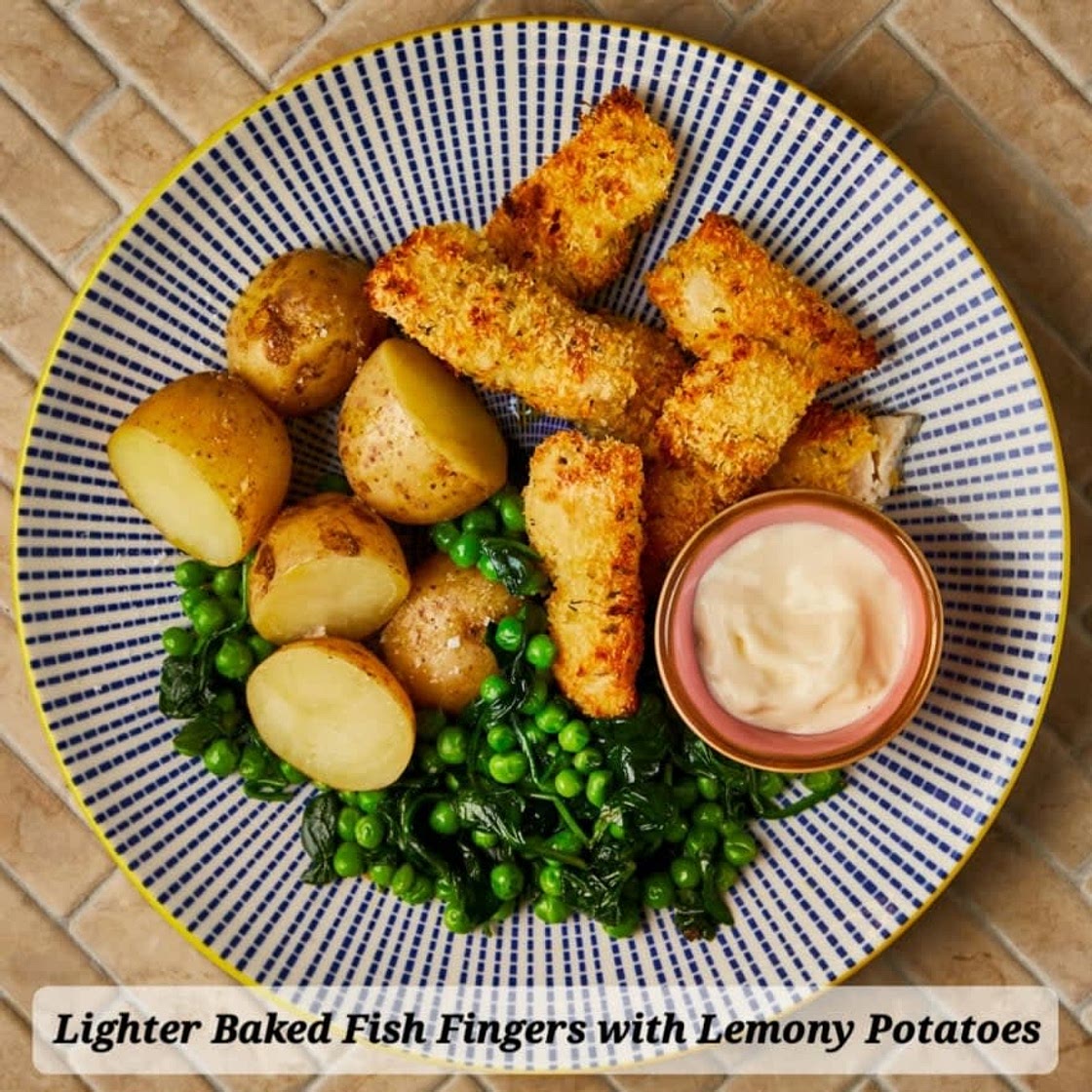 Lighter Baked Fish Fingers with Lemony Potatoes