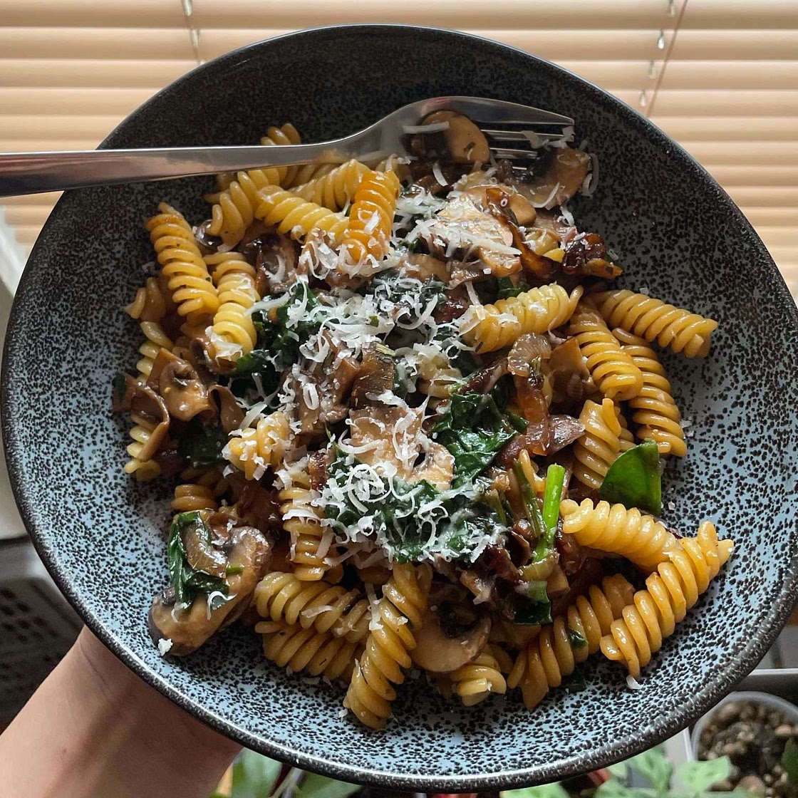 Farfalle Pasta with Spinach, Mushrooms, and Caramelized Onions