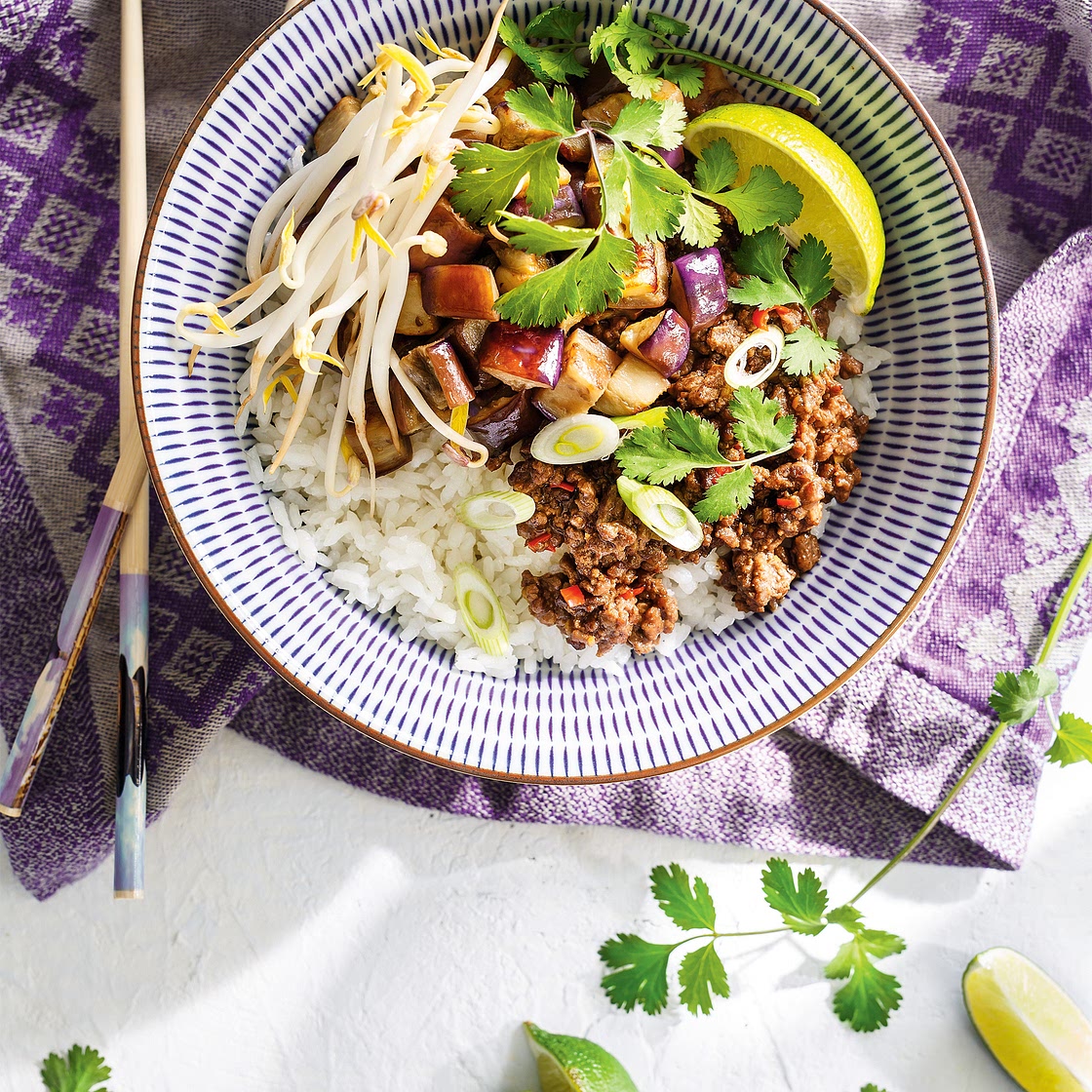 Beef and Eggplant Sticky Rice Bowls