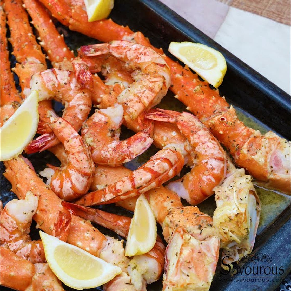Baked King crab legs and shrimps