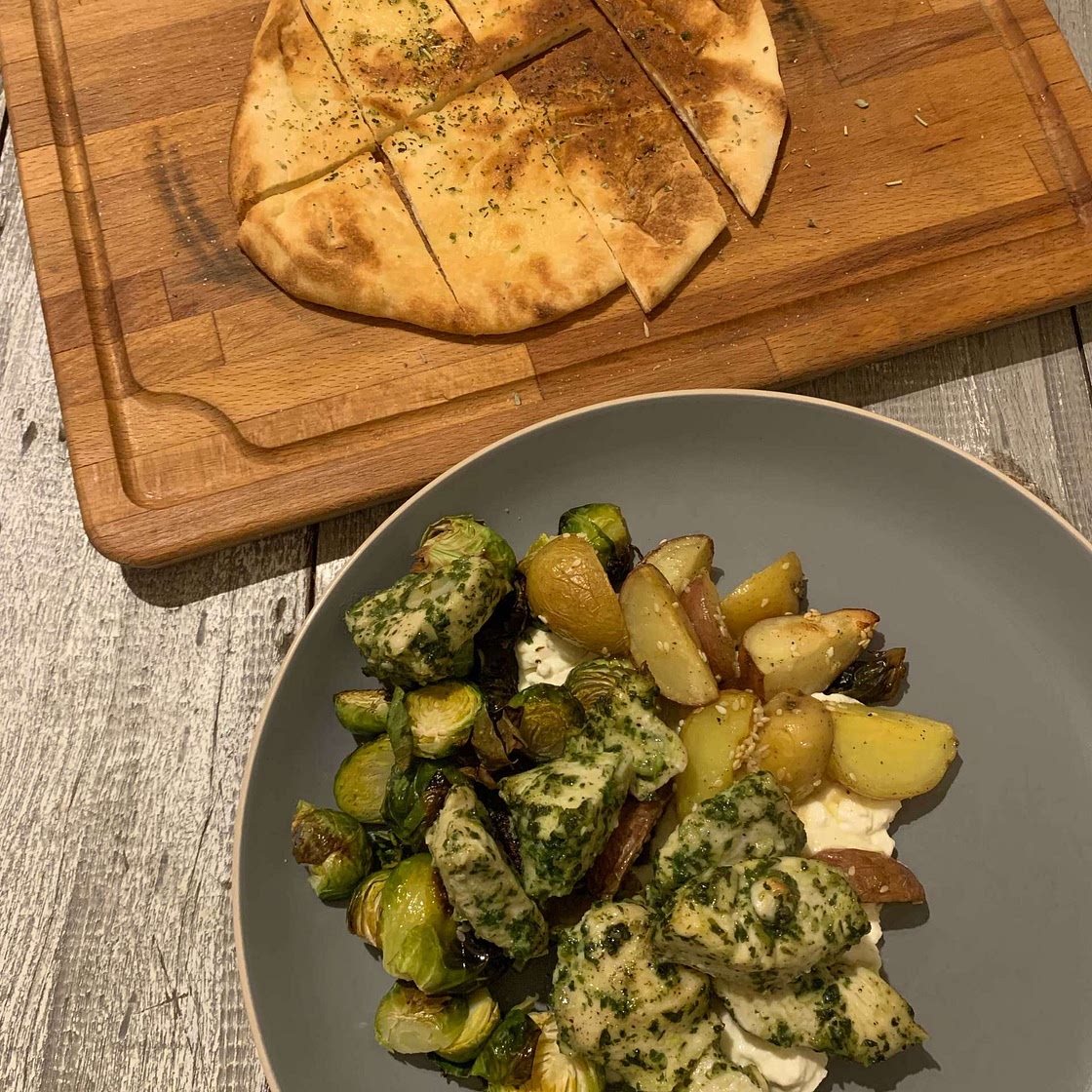 Sheet Pan Pesto Chicken and Lemon Butter Potatoes with Whipped Feta