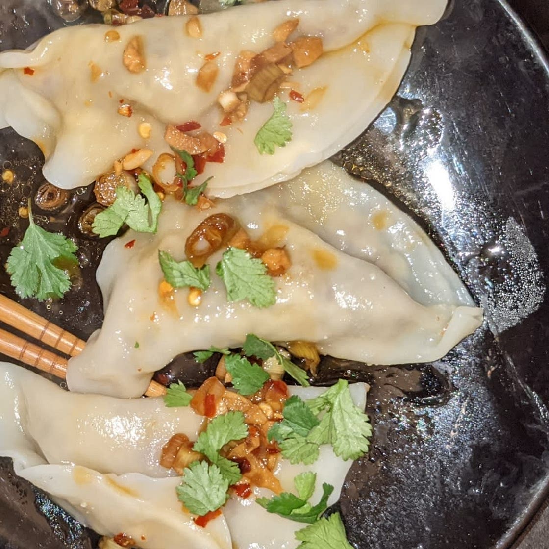 Celery and Peanut Wontons with chilli soy sauce