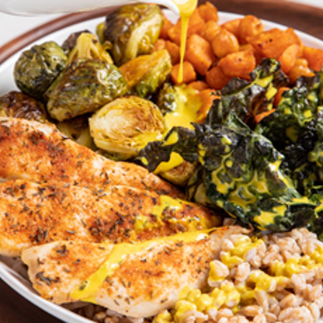 Winter Chicken Grain Bowl with Turmeric Tahini Dressing