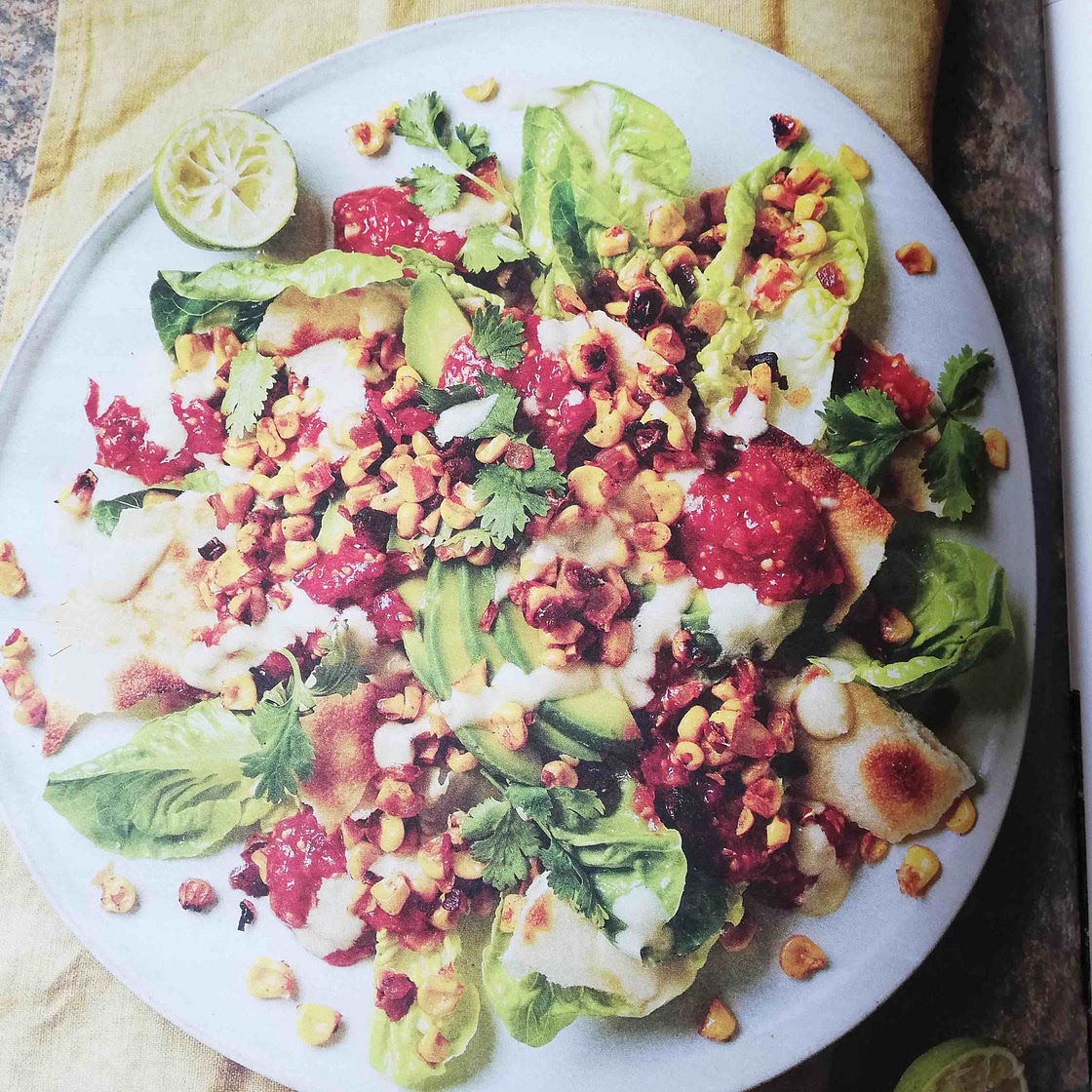Grilled corn salad, tahini crema and crispy tortillas