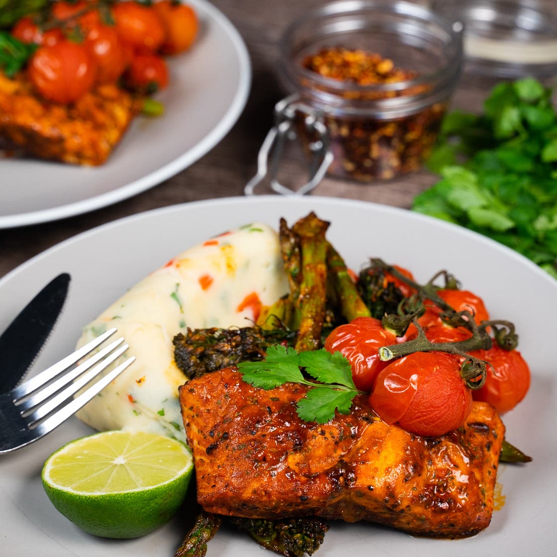 Baked Spicy Salt & Pepper Salmon Fillet with Herby Mash Potato by Pureety