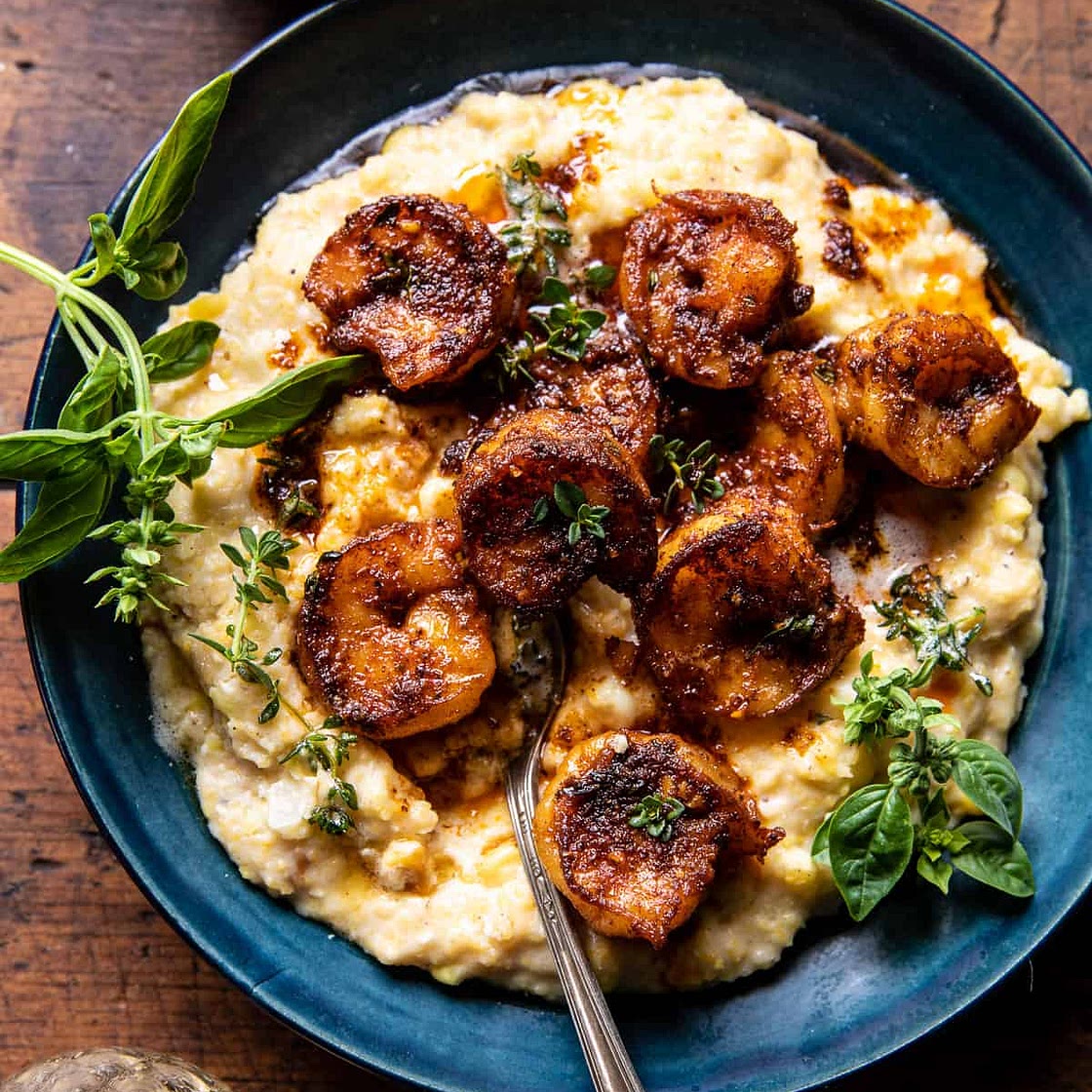 Spicy Garlic Lemon Butter Shrimp with Parmesan Corn Polenta