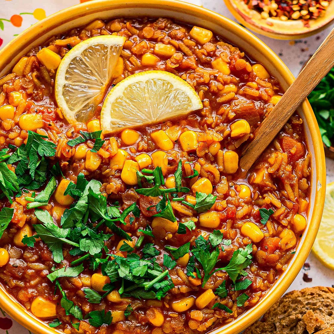 Spicy tomato sweetcorn soup - easy vegan recipe