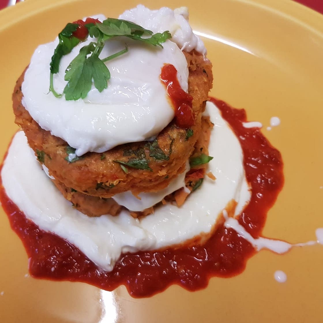 Sweet potato cakes with poached eggs