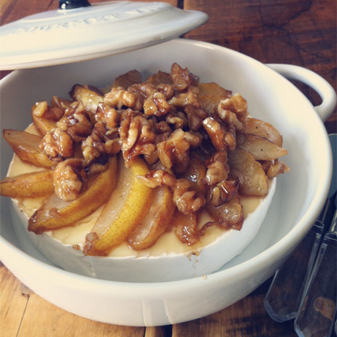 Easy Caramelized Pear + Walnut Topped Brie