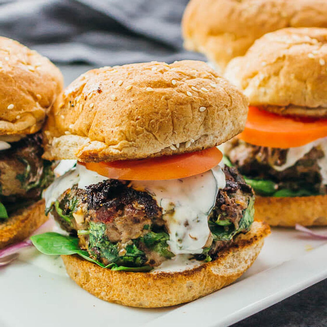 Greek Burgers with Spinach, Feta, & Sun-Dried Tomatoes