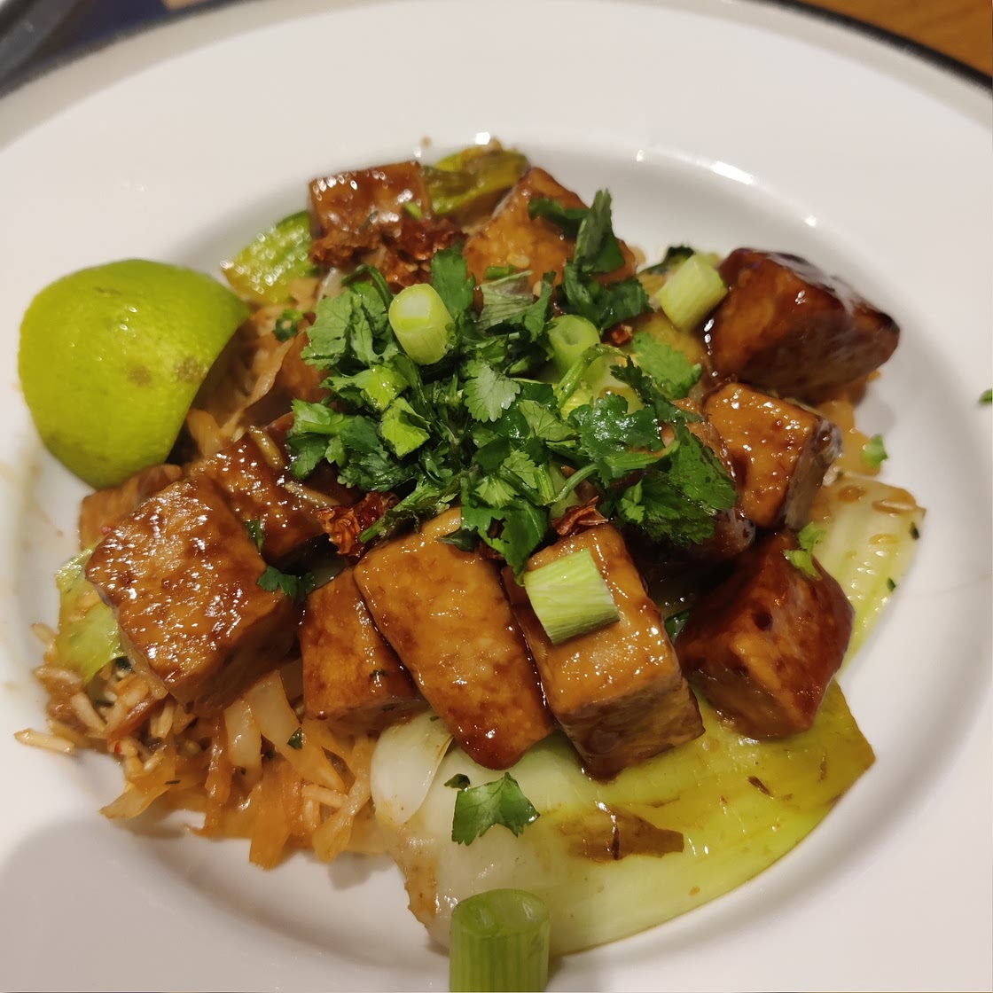 Teriyaki tempeh with kimchi fried rice