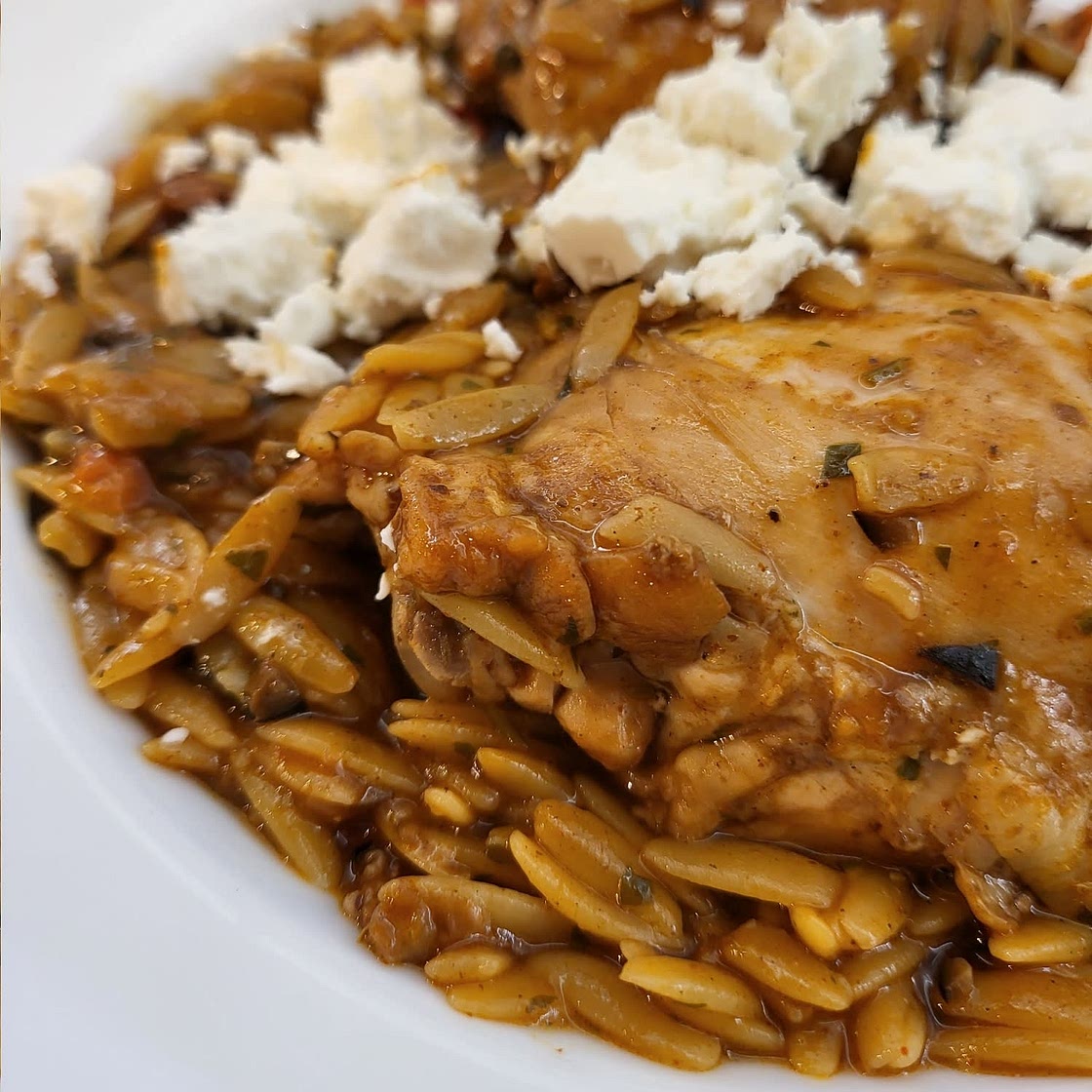 One-Pot Greek Oregano Chicken and Orzo with Tomatoes in Garlic Oil