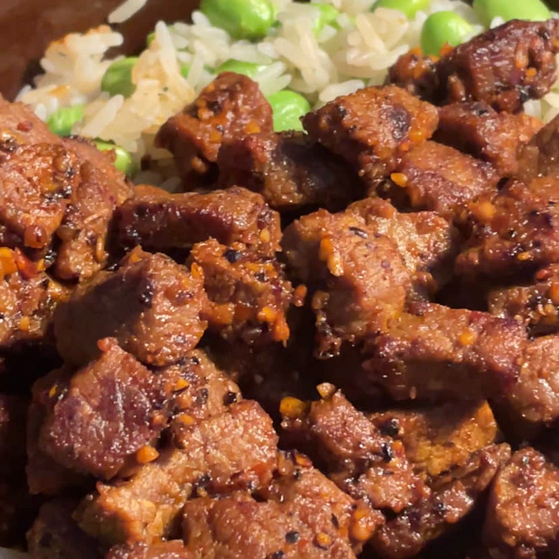 Spicy Beef on Rice and Edamame