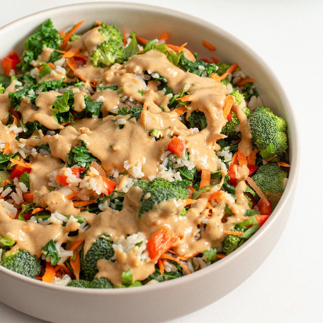 Brown Rice Salad with Kale and Peanut Sauce