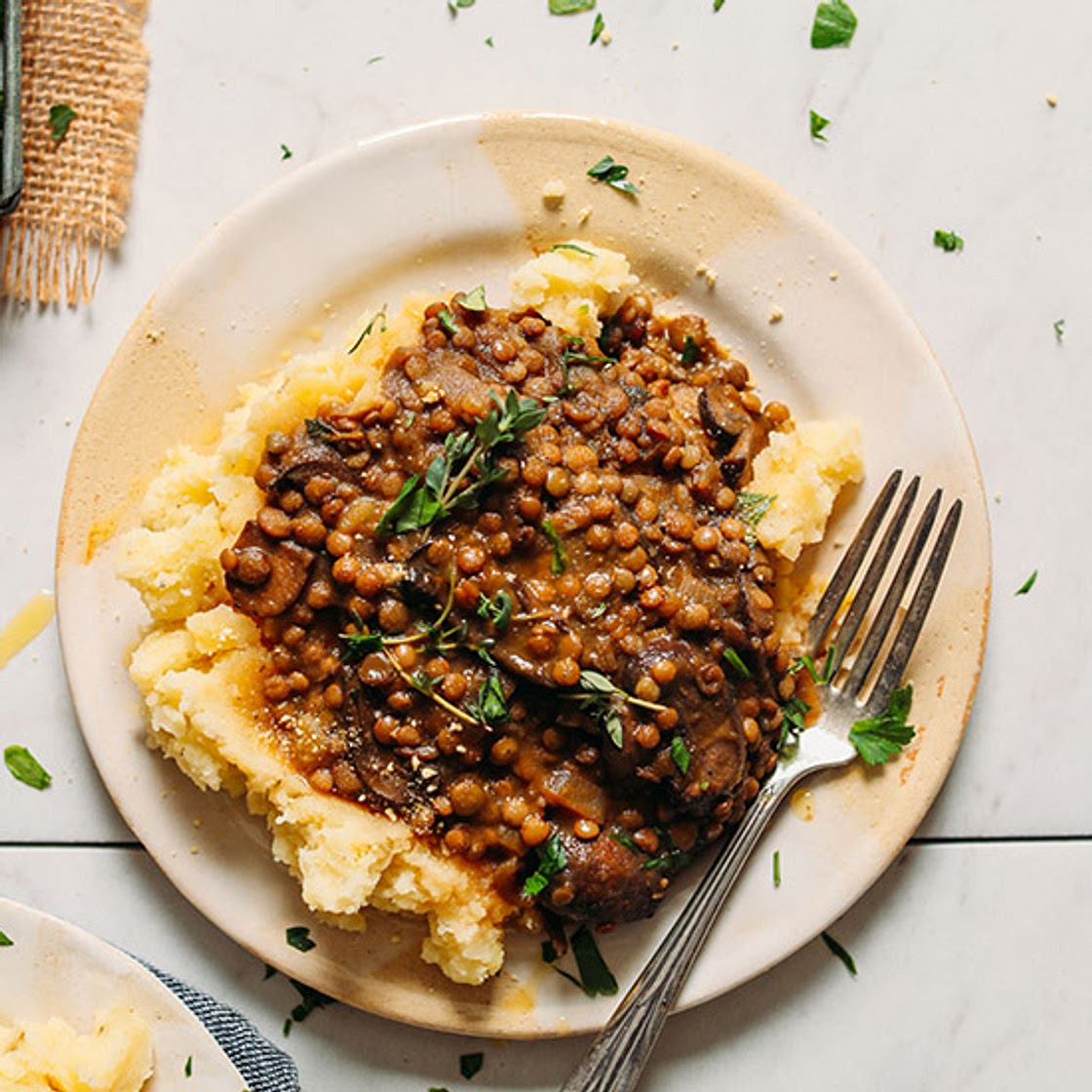 Lentil Mushroom Stew over Mashed Potatoes