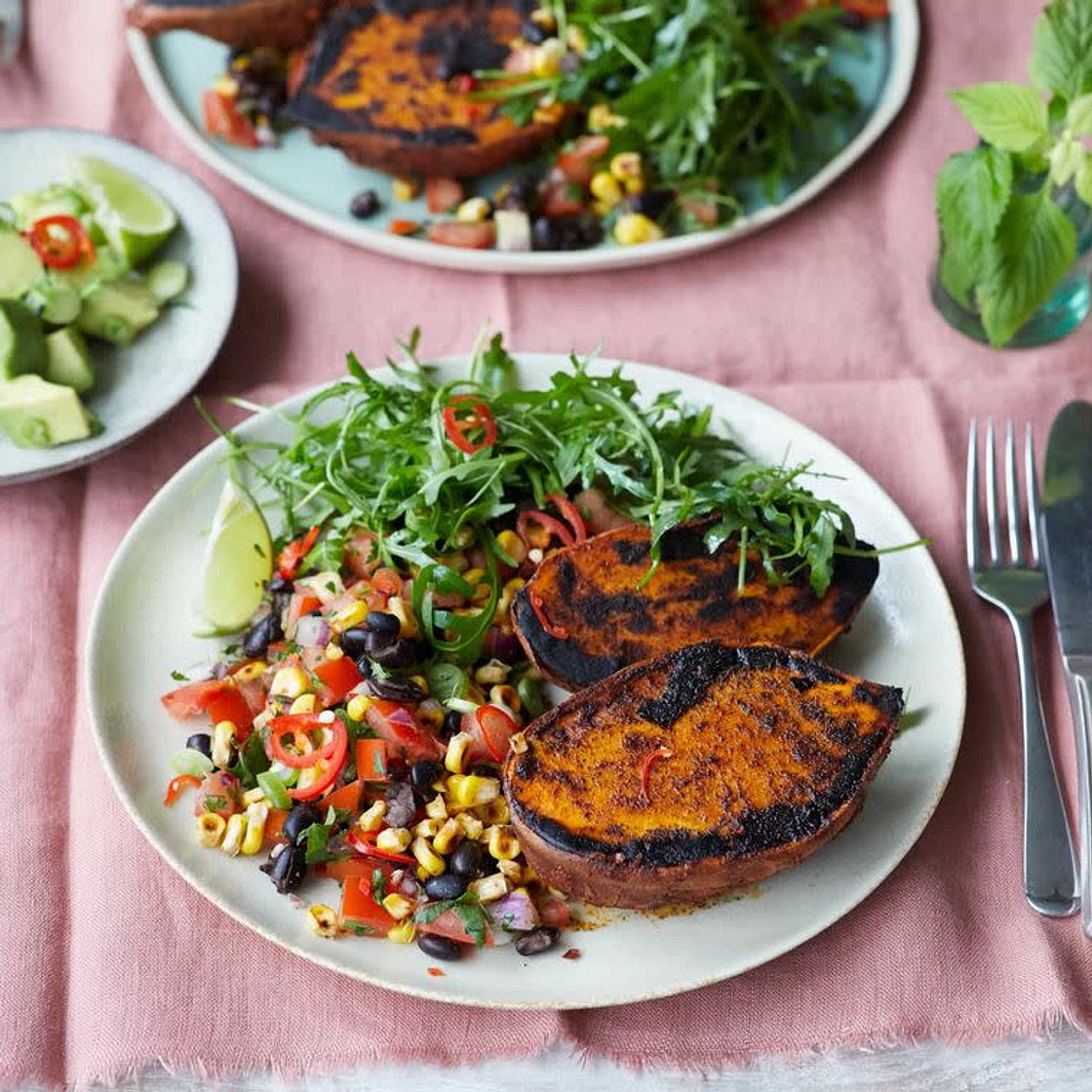 Mexican roasted sweet potatoes, black bean and corn salsa, avocado