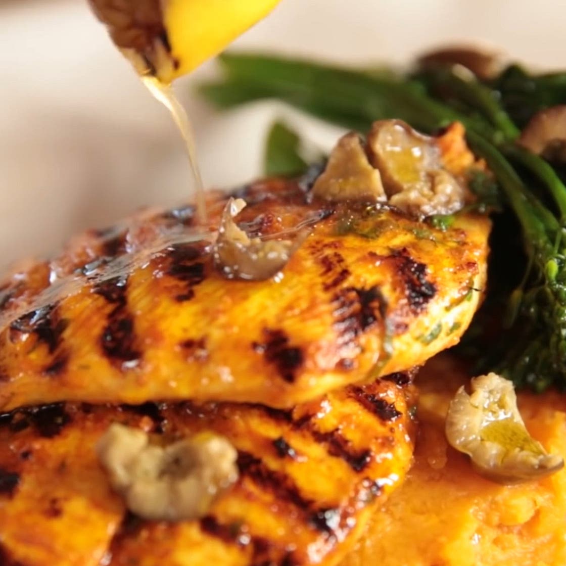Lemon chicken with smashed sweet potato