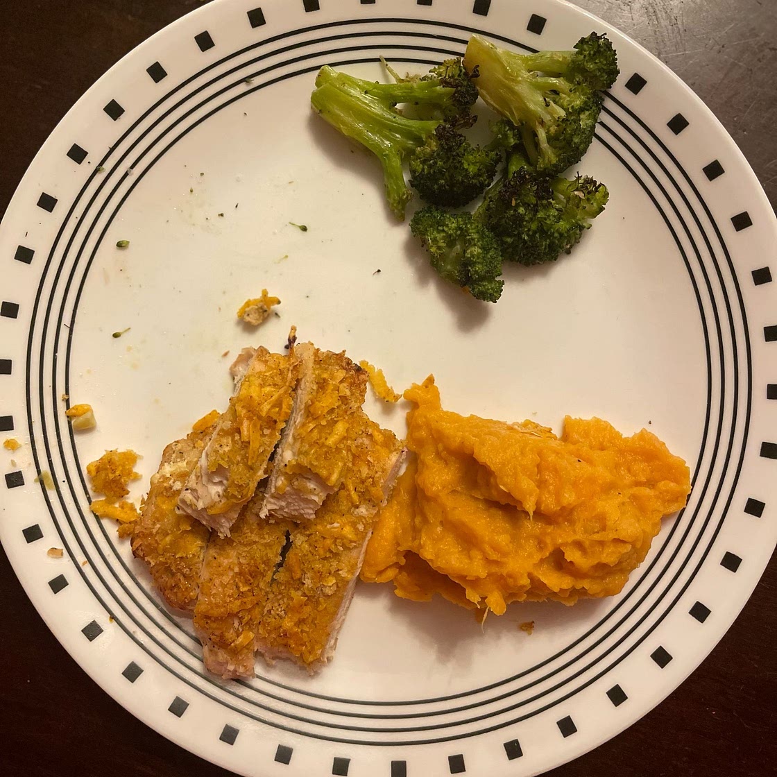 Cheddar-Crusted Chicken with Buttery Mashed Sweet Potatoes and Roasted Broccoli