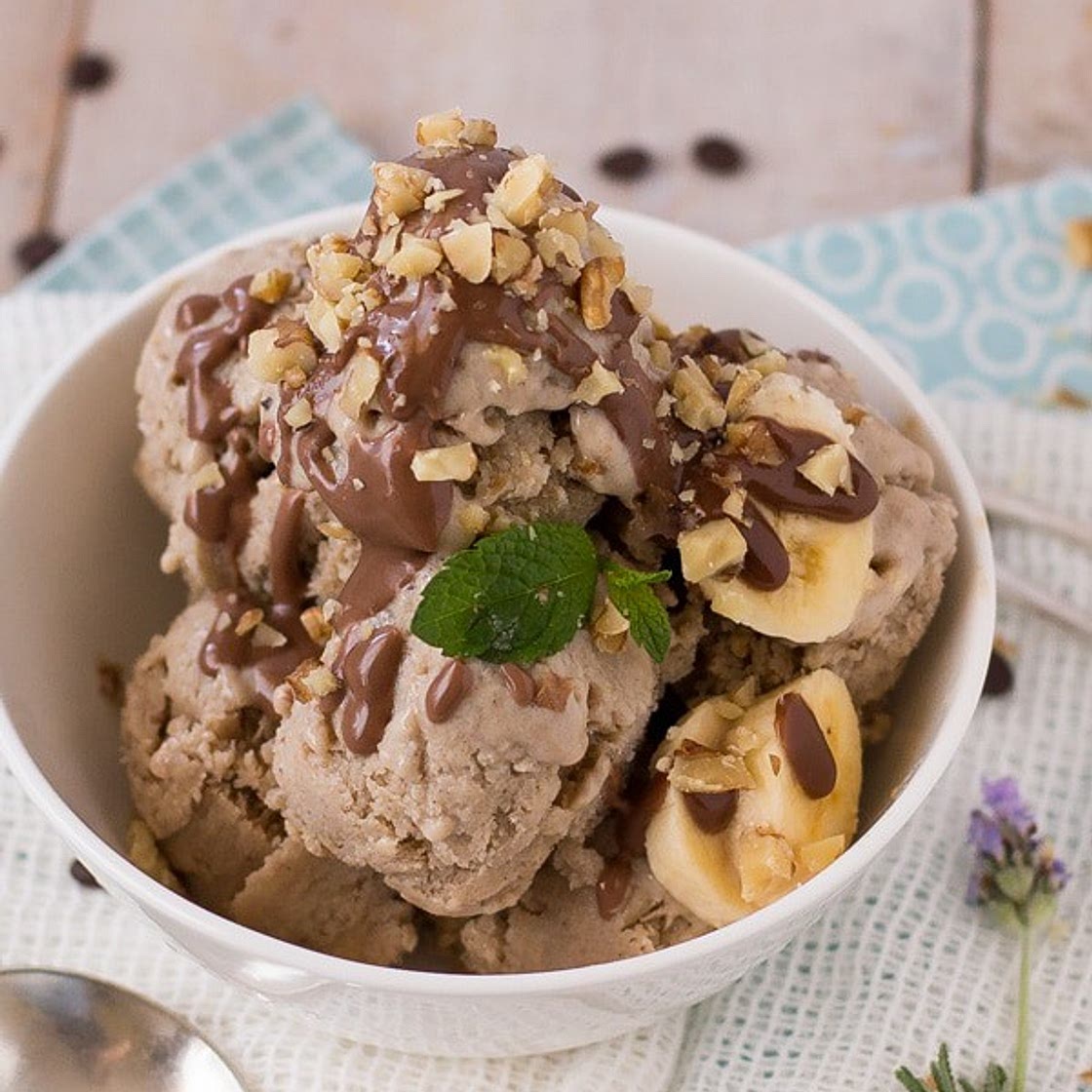 Tofu & Banana Ice-Cream with Peanut Butter Chocolate Sauce