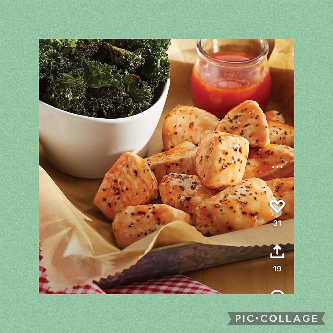 Chicken Nuggets with Buffalo Sauce and Kale Chips