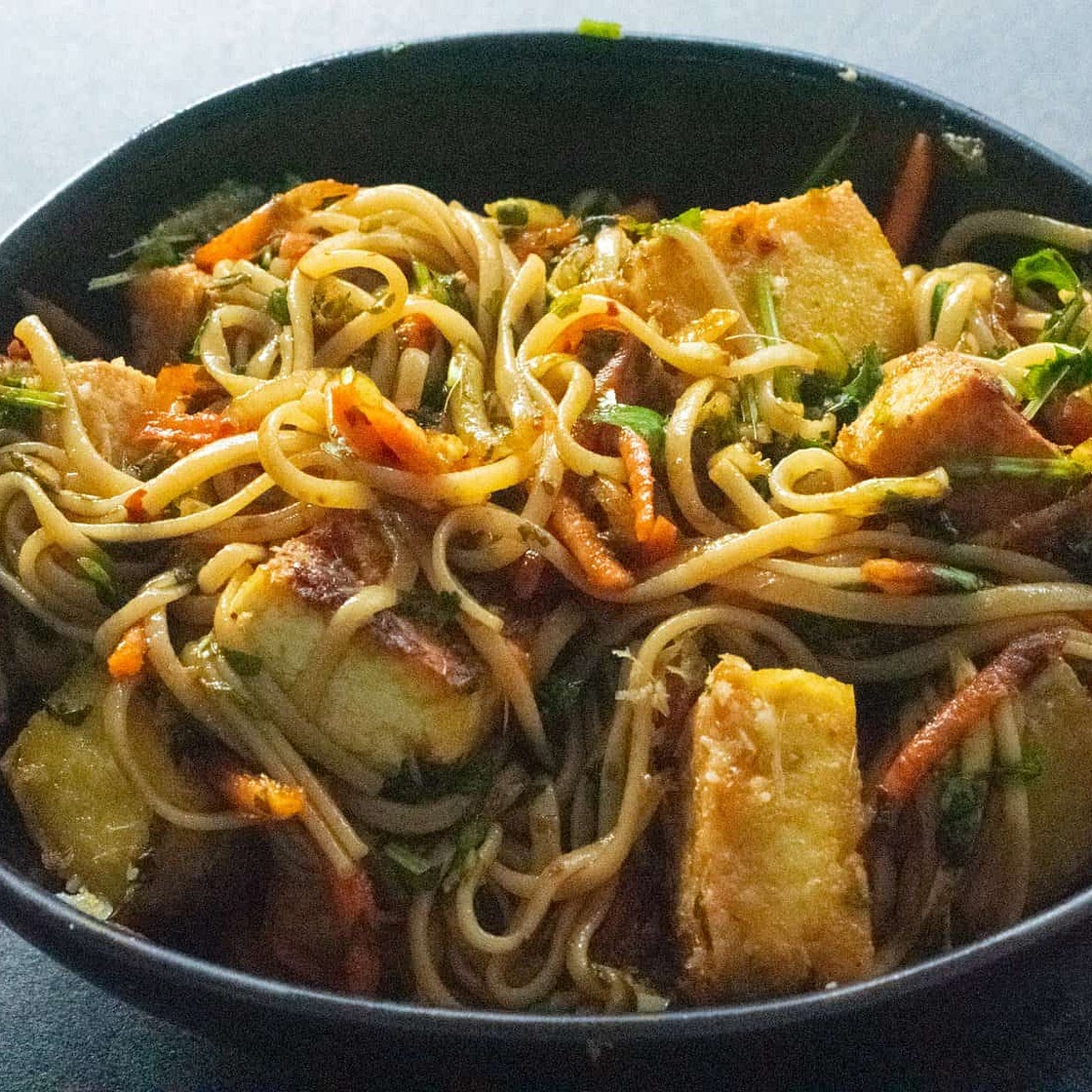 Lemongrass tofu with warm noodle salad