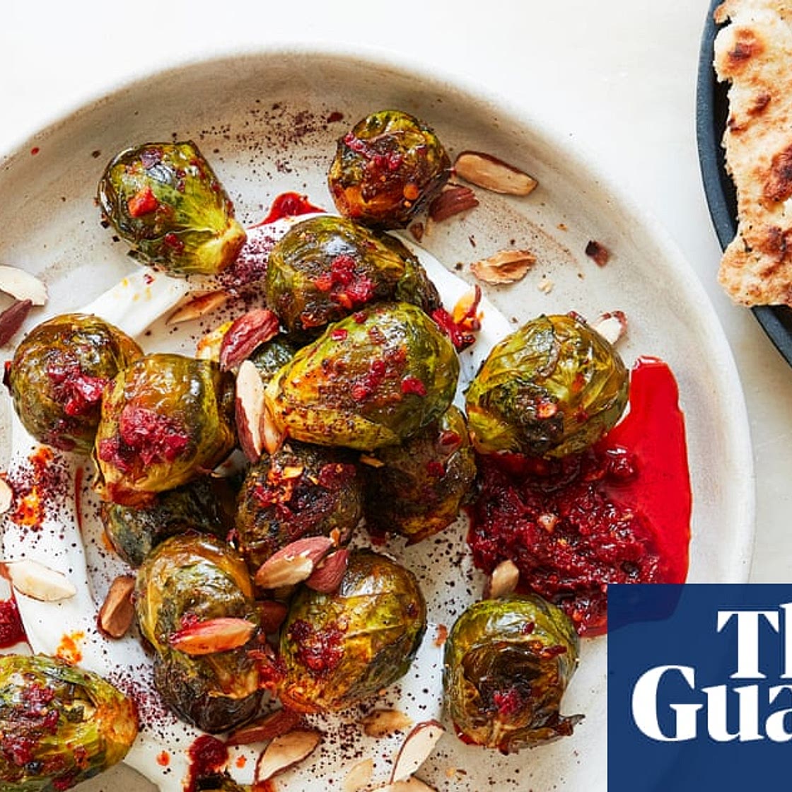 Harissa roast sprouts with lemon-tahini yoghurt