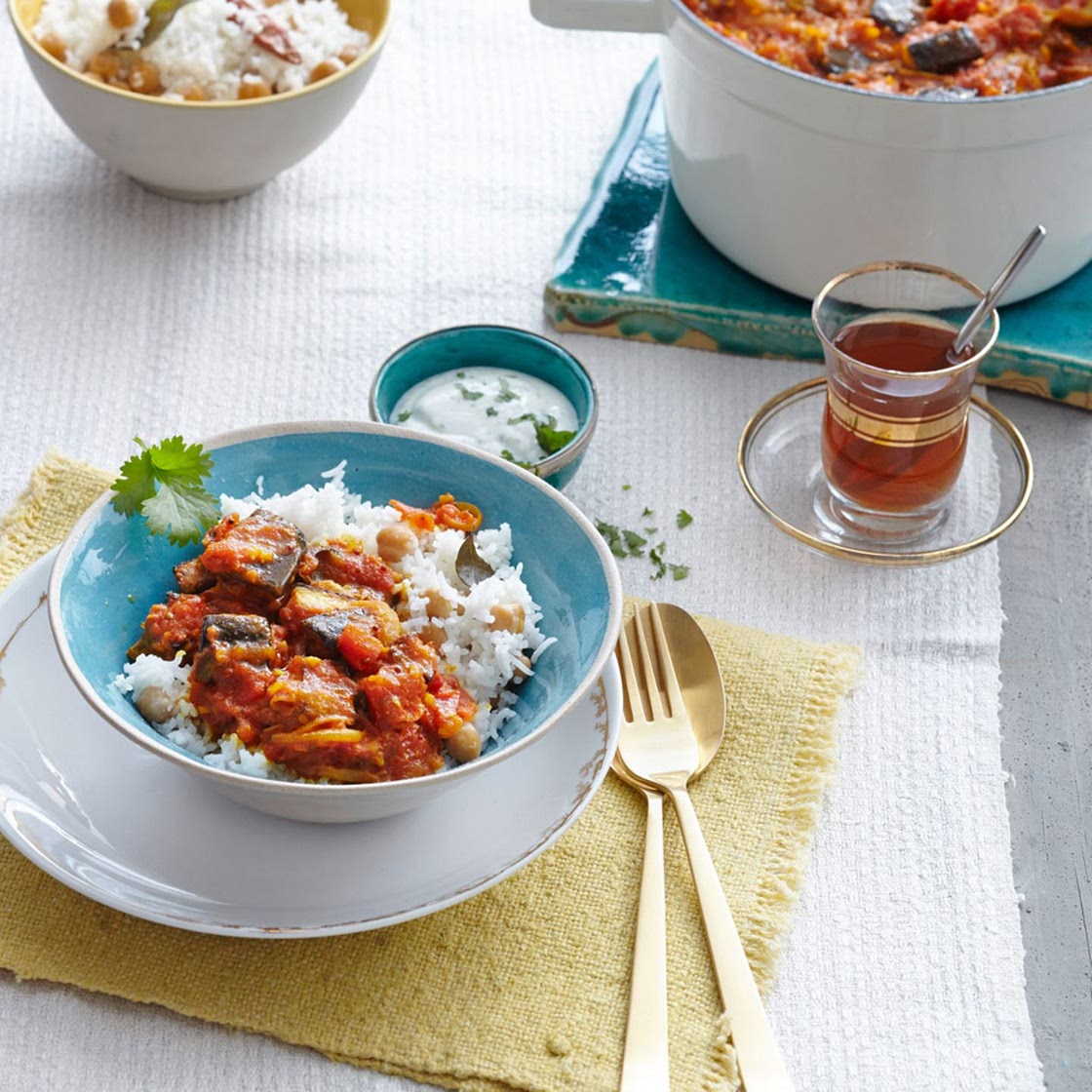 Auberginencurry mit Kichererbsen-Reis Rezept