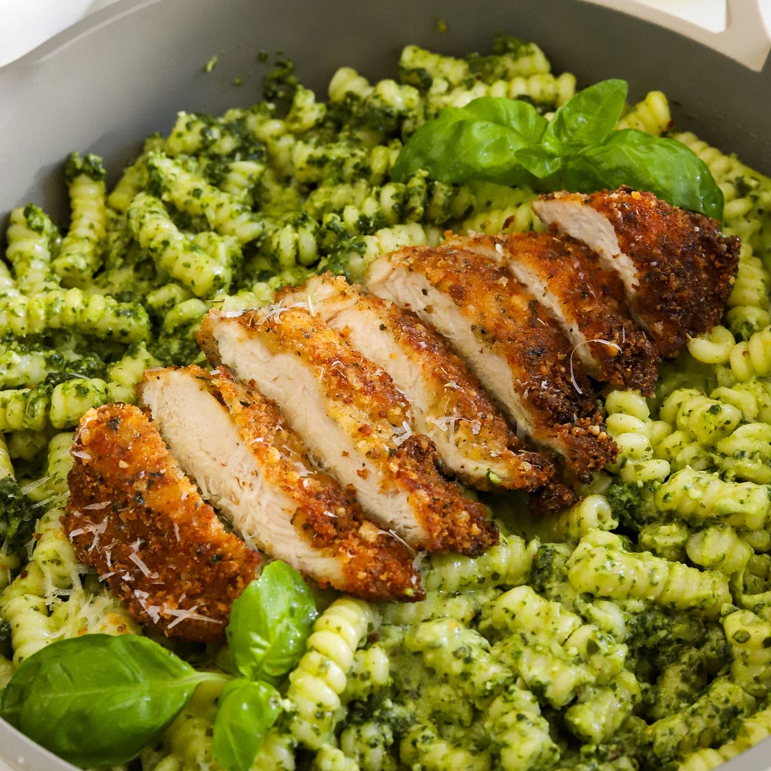 Pesto Pasta with Crispy Parmesan Chicken