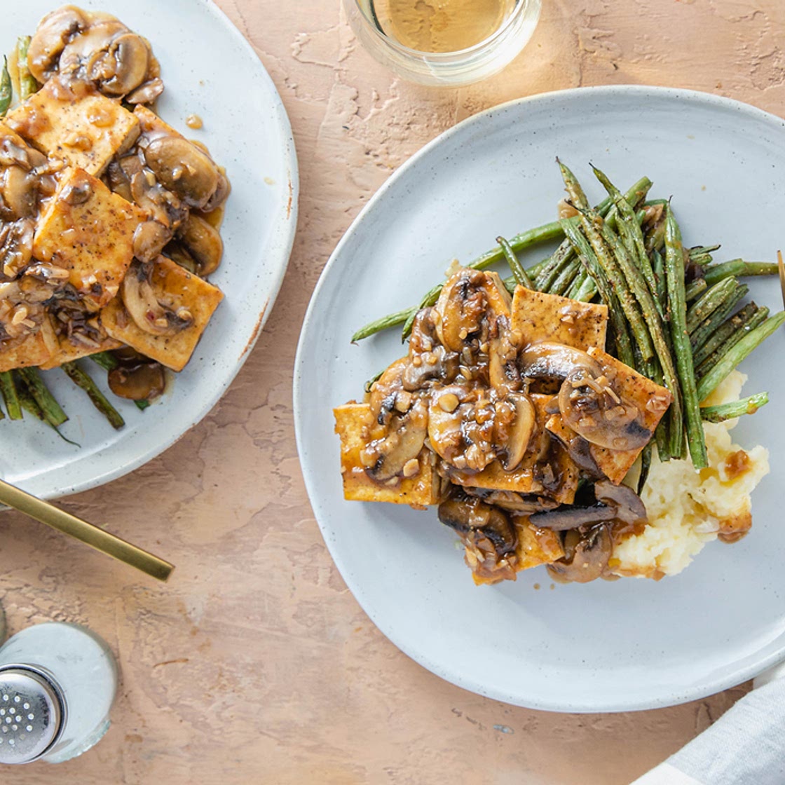 Tofu Marsala with Roasted Mustard Herb Green Beans & Buttery Mashed Potatoes