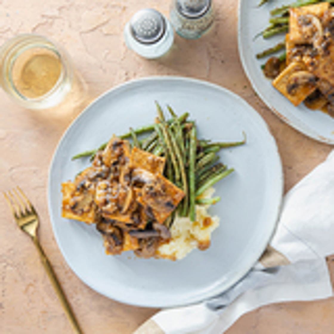 Tofu Marsala with Roasted Mustard Herb Green Beans & Buttery Mashed Potatoes