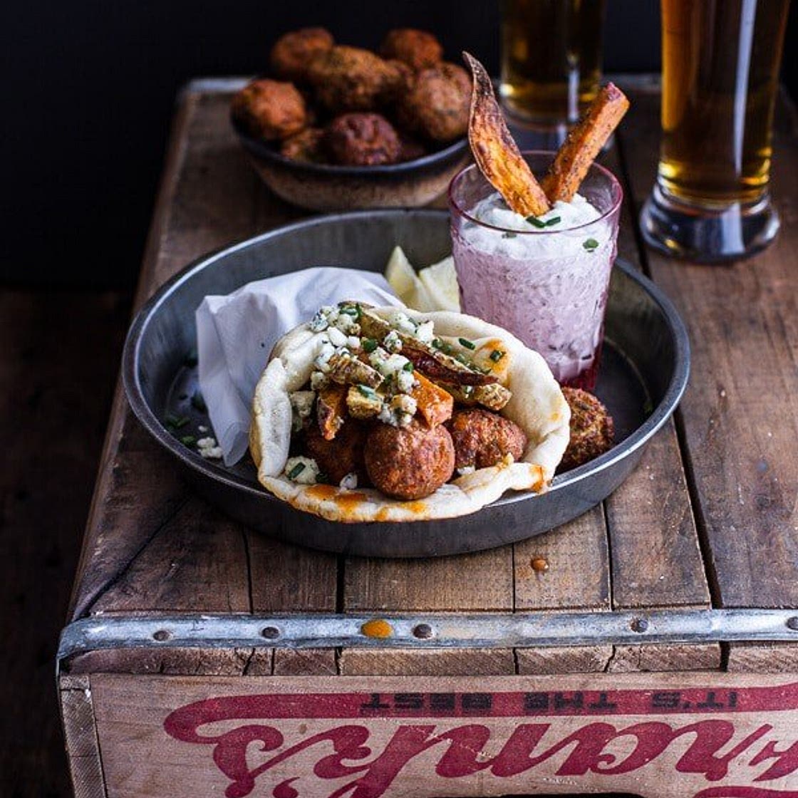 Buffalo Falafel and Garlic Blue Cheese Fry Pita’s w/Ranch Style Tzatziki