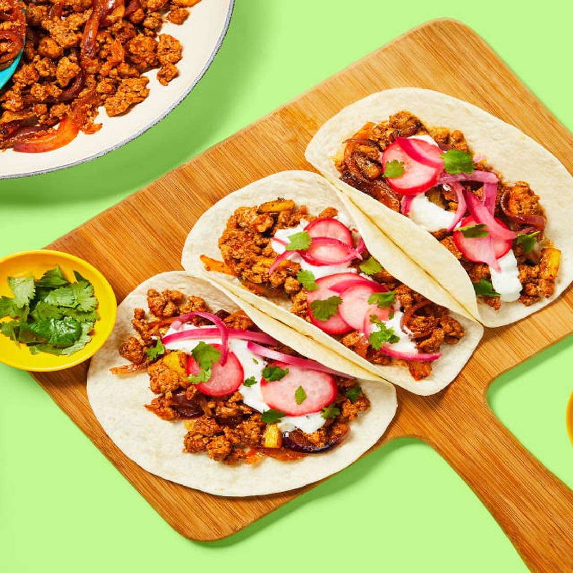 One-Pan Pork & Pineapple Tacos with Pickled Veggies & Lemon Crema