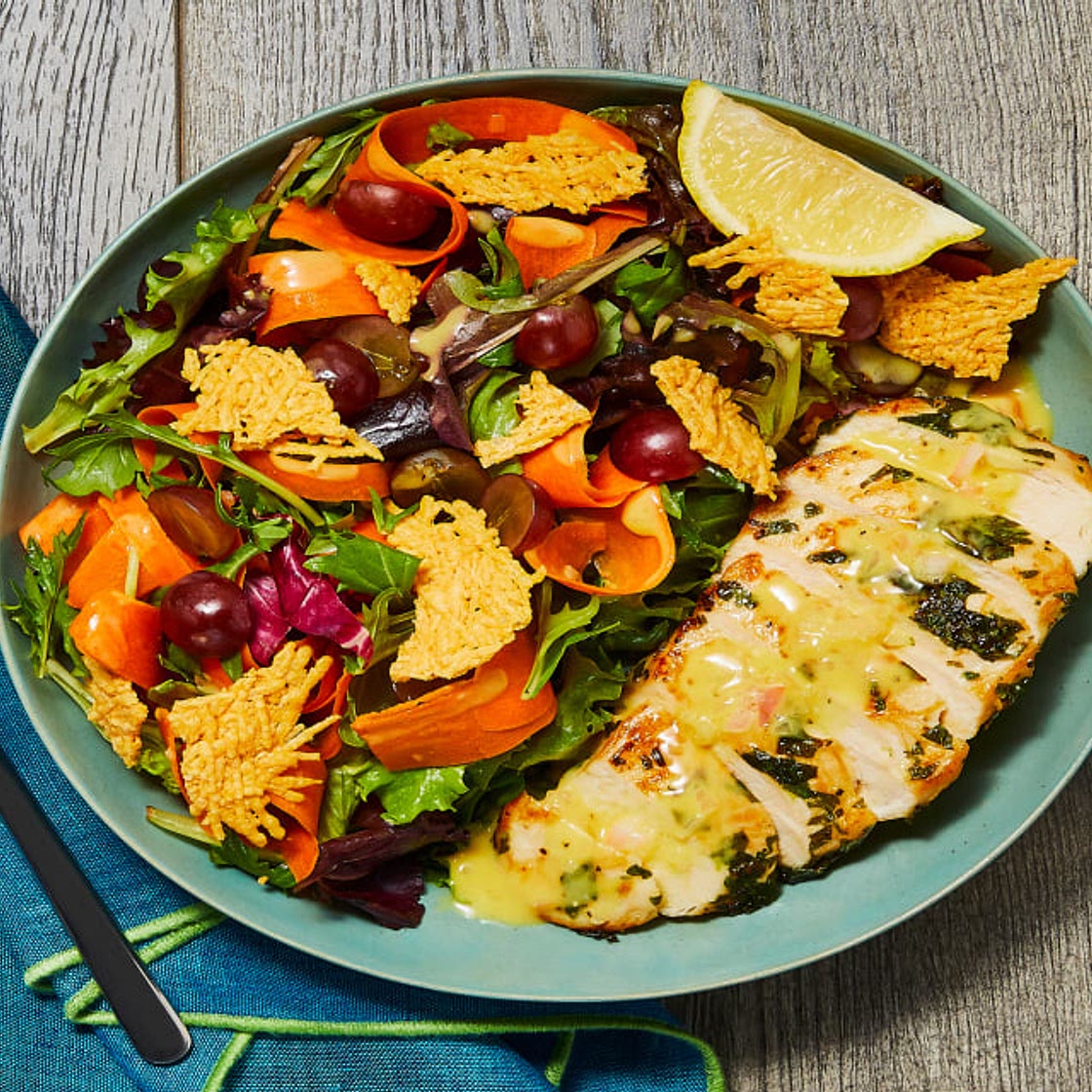 Garlic Herb Chicken with Grape Frico Salad and Honey Dijon–Shallot Dressing