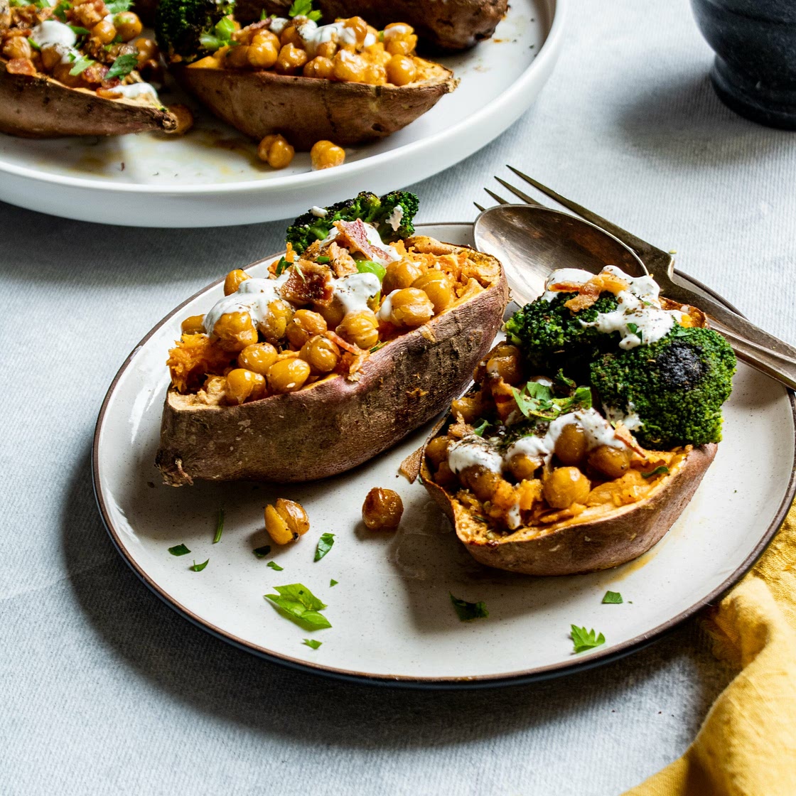 Loaded Za'atar Chickpeas Sweet Potato Boats With Lemon Aioli