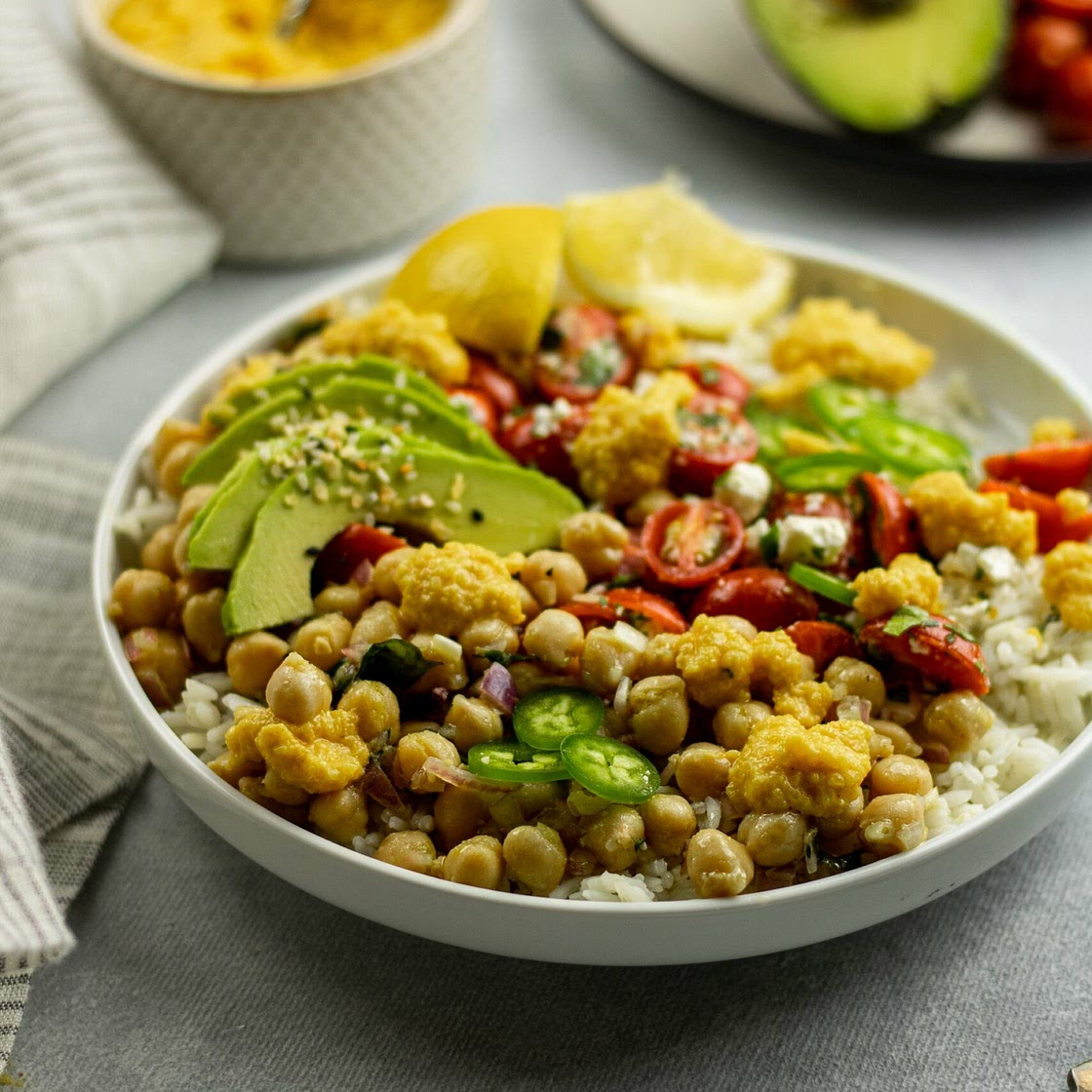 Greek Marinated Chickpea Rice Bowl