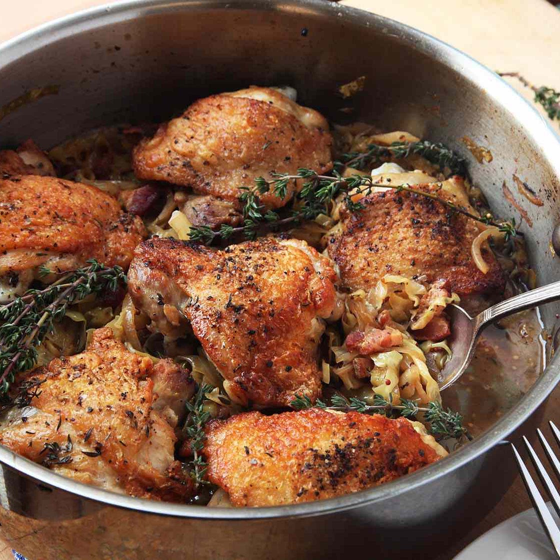 Crispy Braised Chicken Thighs With Cabbage and Bacon Recipe