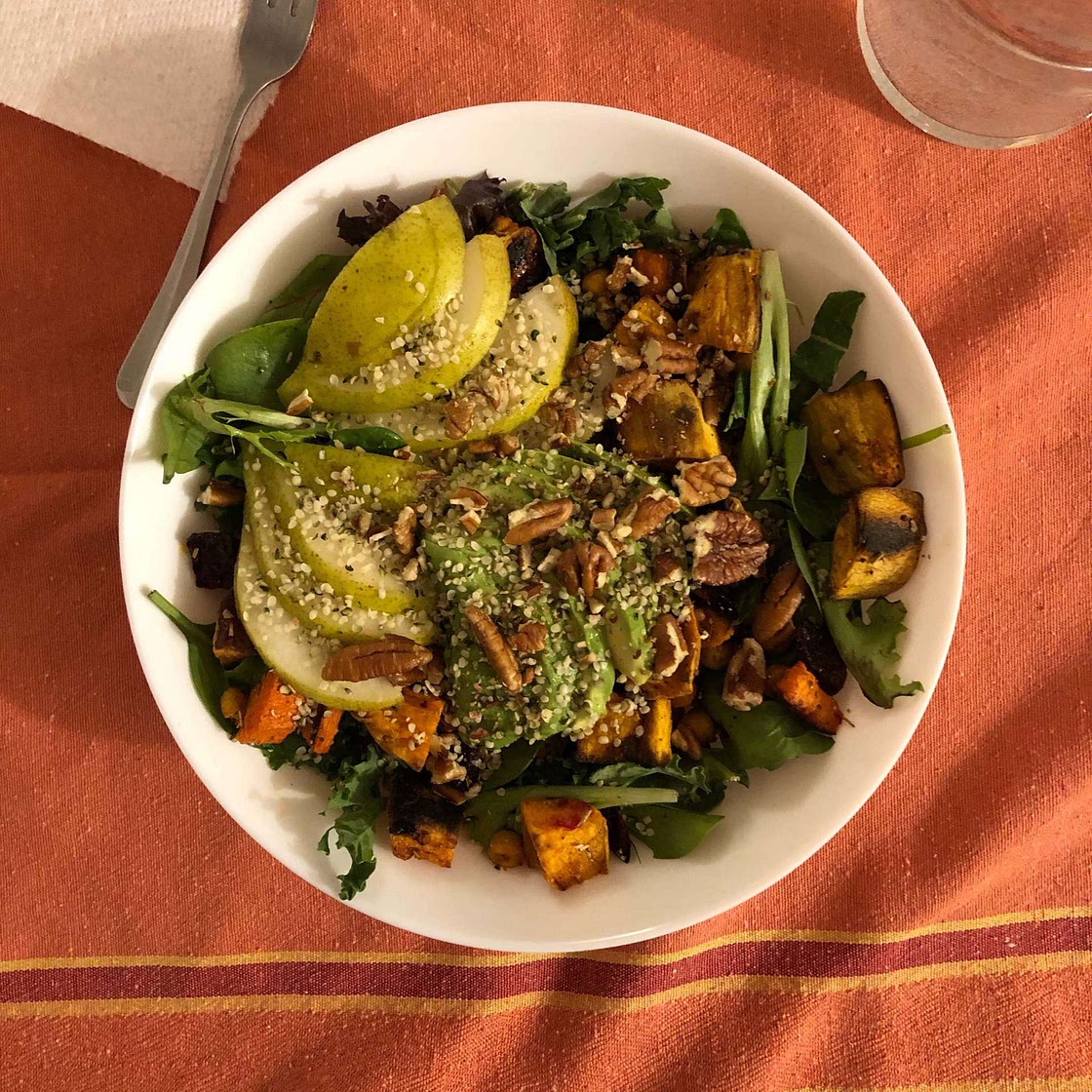 Winter Salad with Rosemary Sweet Potatoes, Bacon, and Pear